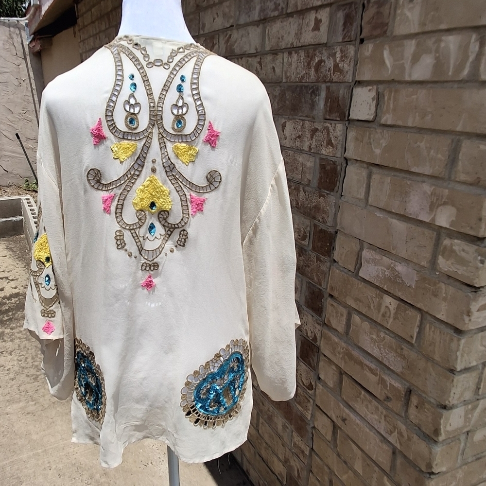 Tracy Reese Silk Embellished Open-front Sleeve Kimono Blouse Women Size X-Small - Picture 9 of 16